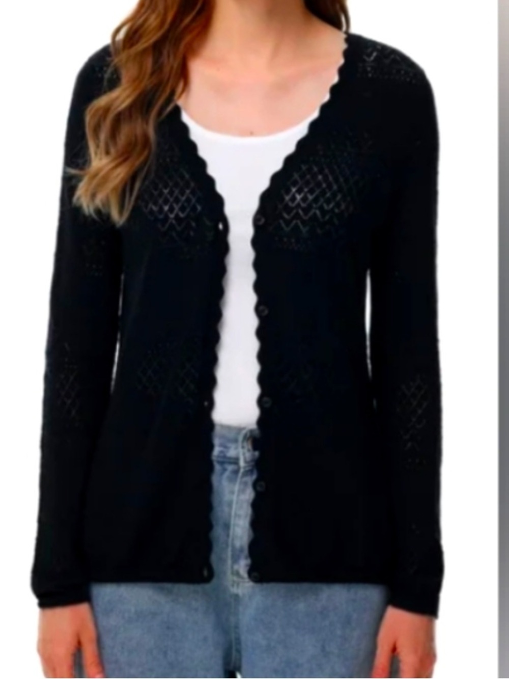 Frye lightweight Pointelle black V-neck knitted button down cardigan size small